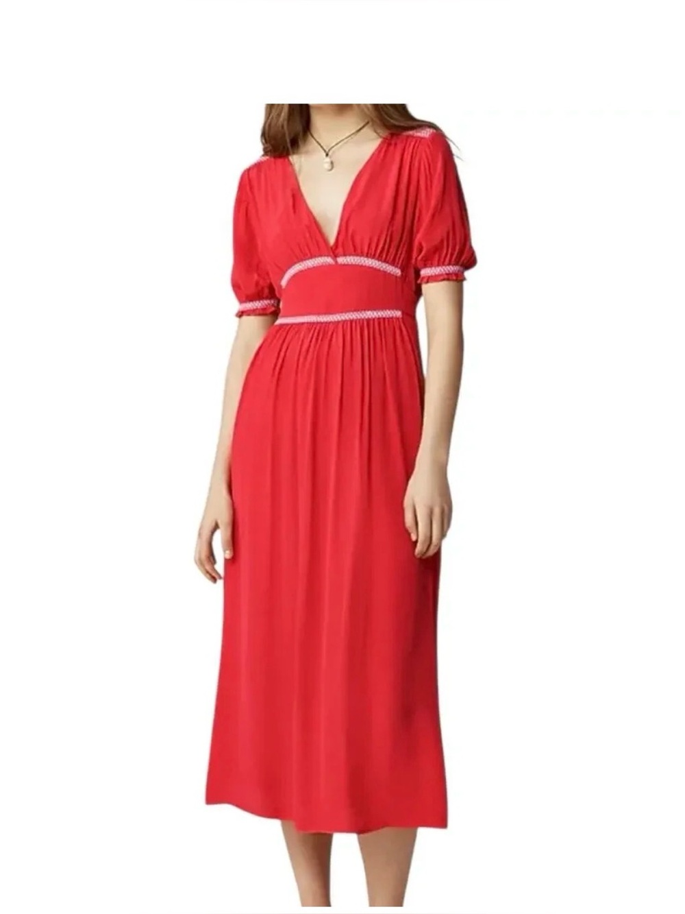 J.Crew Smocked-trim Midi Dress in Crepe de Chine in the color Vintage Red